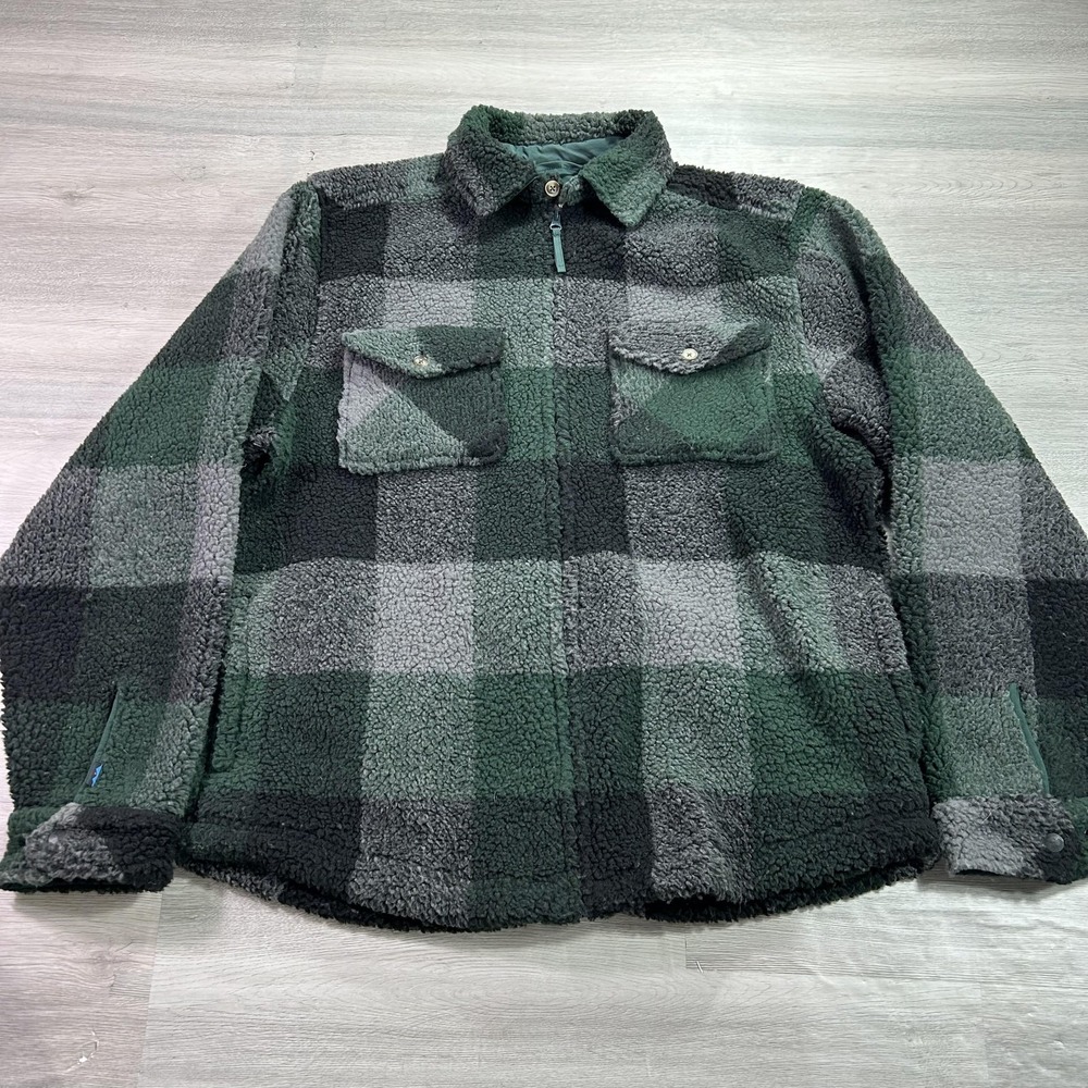 KAVU Jacket Mens‎ XL Green Plaid Sherpa Fleece Full Zip Lined Outdoor Insulated